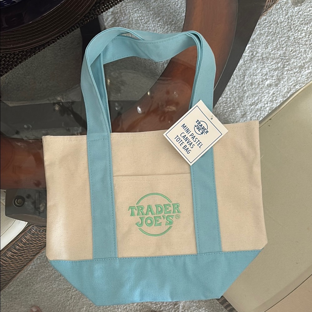 TRADER JOES PASTEL Blue and Cream Canvas Tote Bag